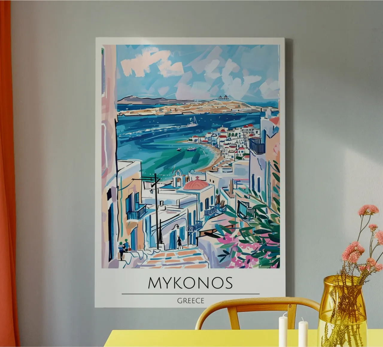 Mykonos Griekenland Kunstdruk, Egeïsche Zee Reisposter canvas met Baklijst van homdeco