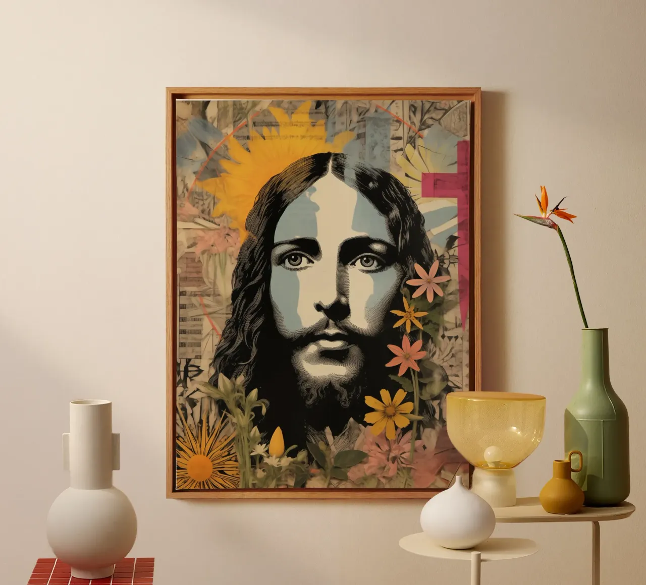 Hippie Jezus | Gemengde-Media-Compositie canvas met Baklijst van Autofocus