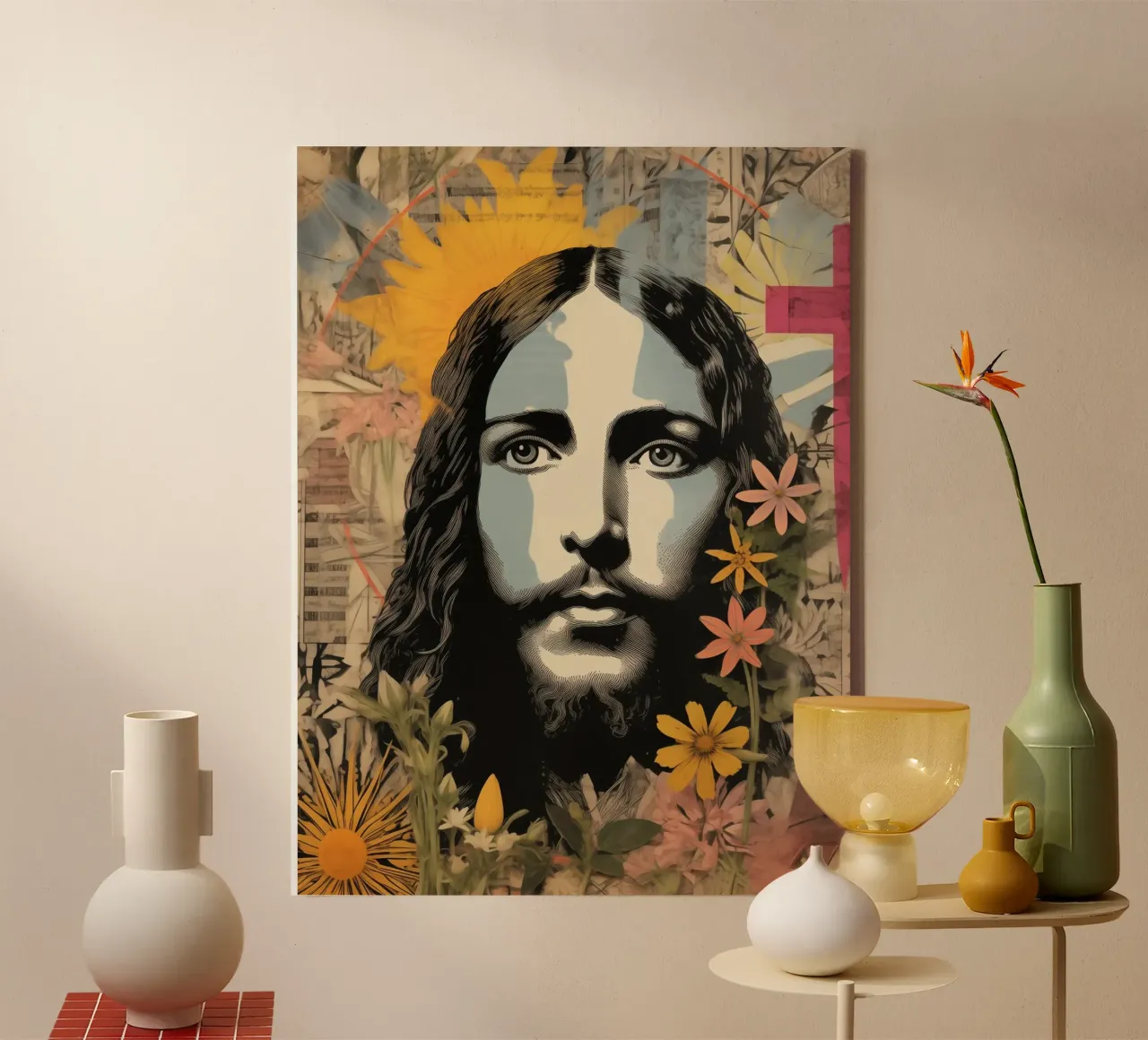Hippie Jezus | Gemengde-Media-Compositie canvas met Baklijst van Autofocus