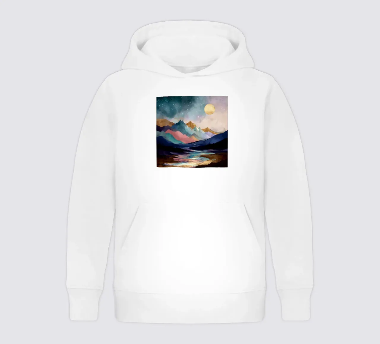 Surreal Mountain Landscape - Golden Moon and Colorful River felpa bambino con cappuccio da Dune