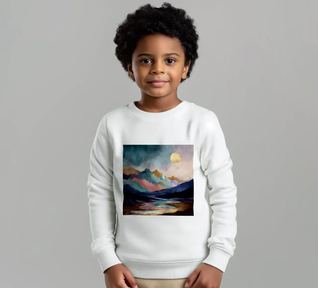 Surreal Mountain Landscape - Golden Moon and Colorful River felpa bambino da Dune
