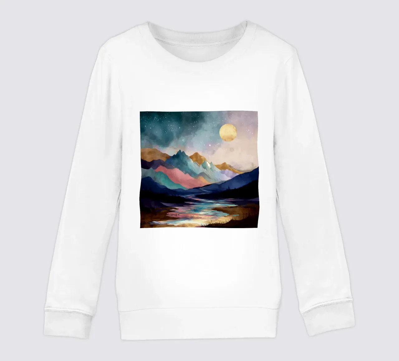 Surreal Mountain Landscape - Golden Moon and Colorful River felpa bambino da Dune