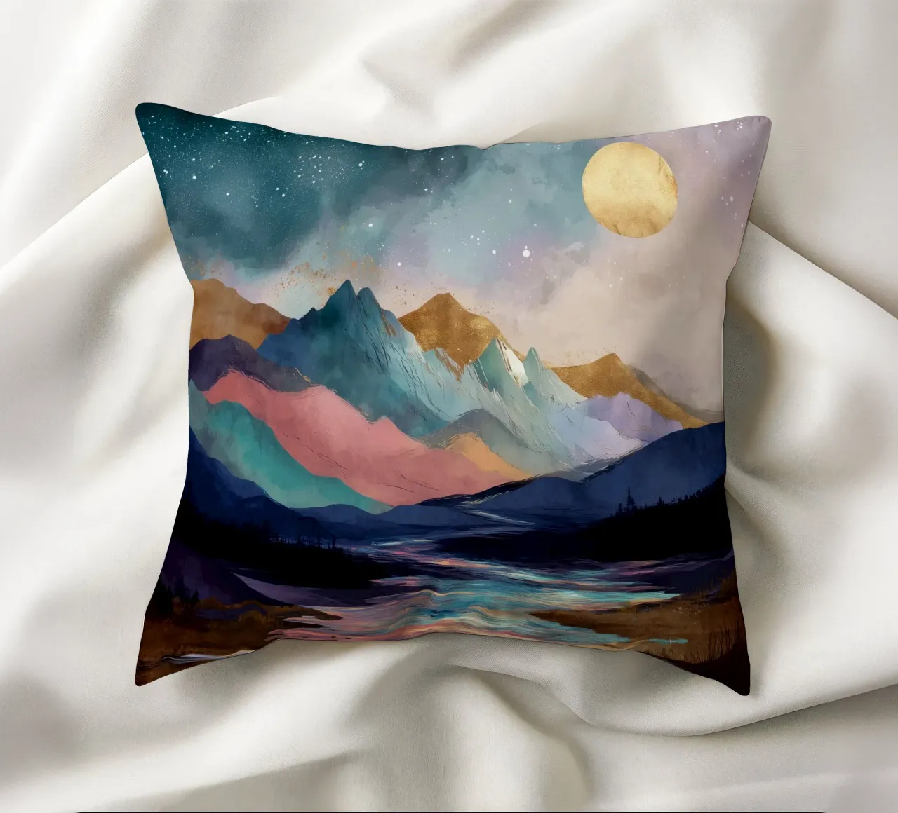 Surreal Mountain Landscape - Golden Moon and Colorful River cuscino da Dune