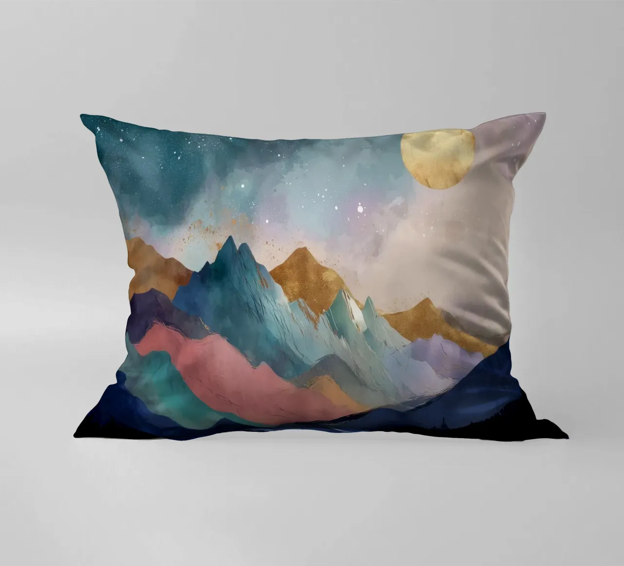 Surreal Mountain Landscape - Golden Moon and Colorful River cuscino da Dune