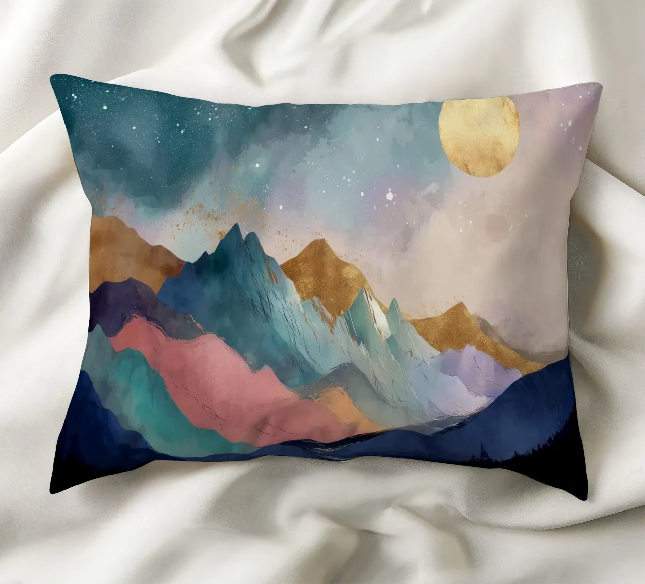 Surreal Mountain Landscape - Golden Moon and Colorful River cuscino da Dune