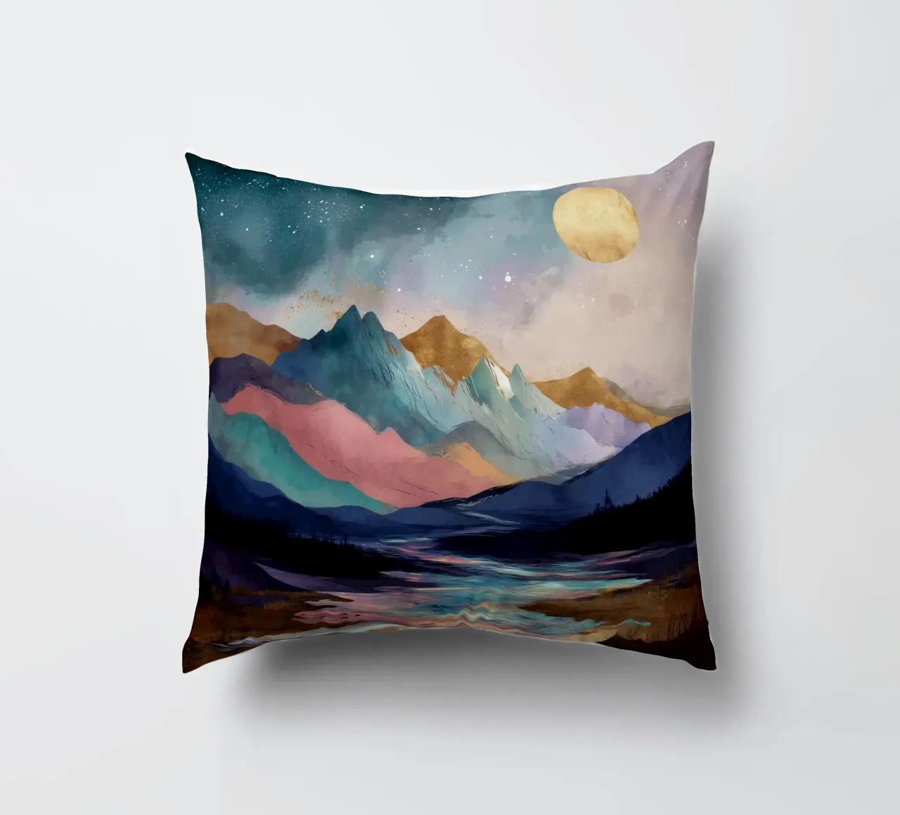 Surreal Mountain Landscape - Golden Moon and Colorful River cuscino da Dune