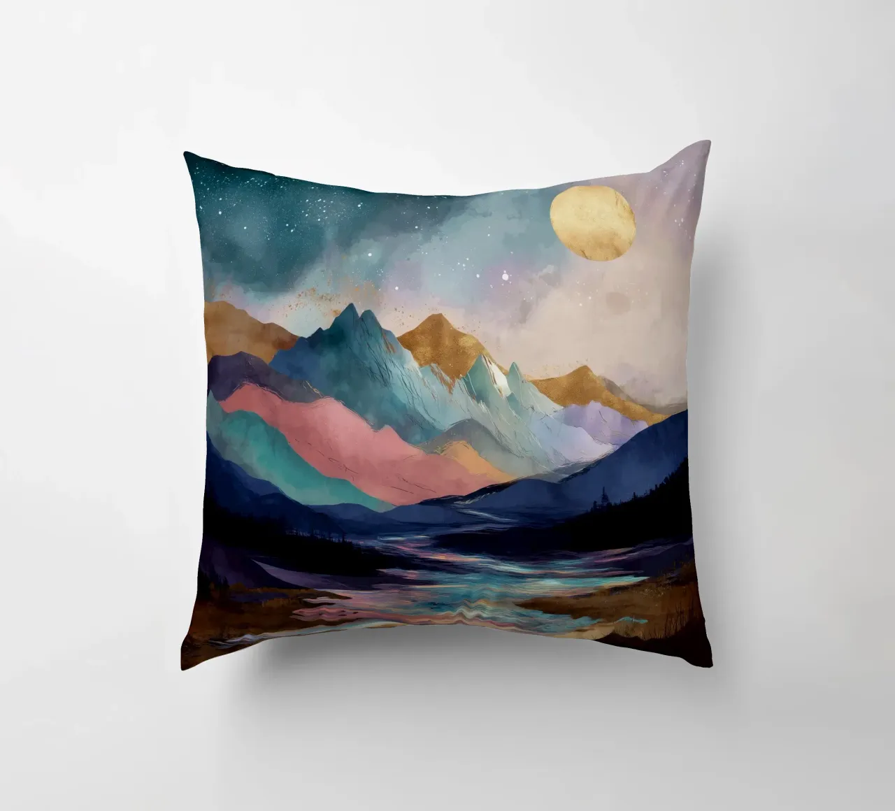 Surreal Mountain Landscape - Golden Moon and Colorful River cuscino da Dune