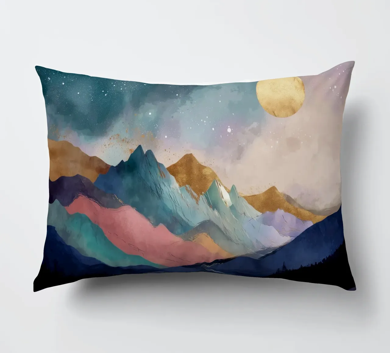 Surreal Mountain Landscape - Golden Moon and Colorful River cuscino da Dune