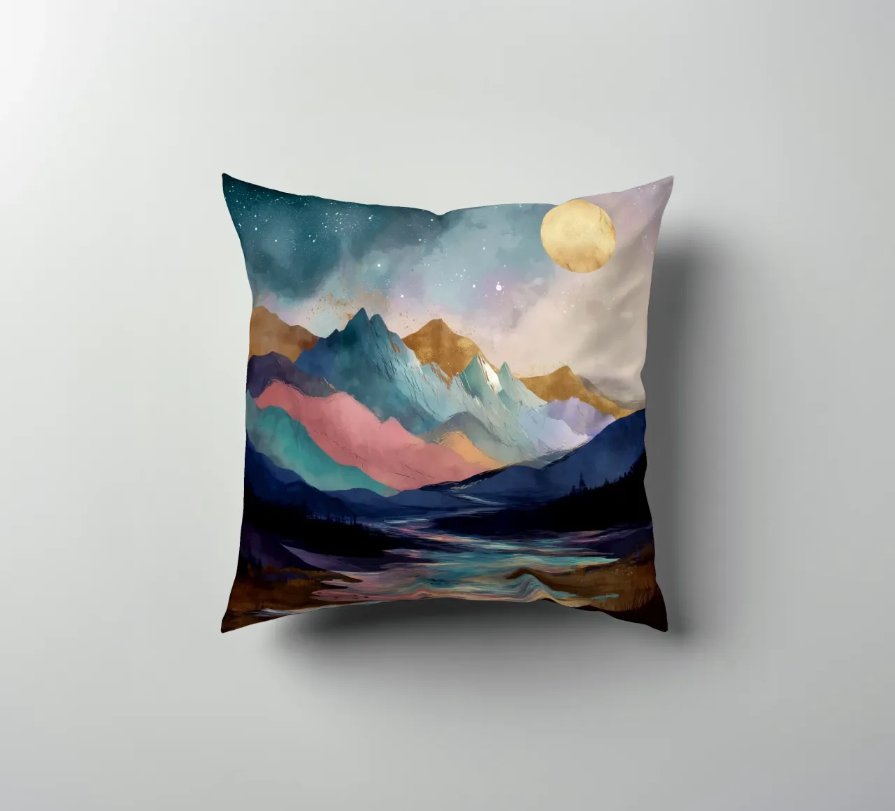 Surreal Mountain Landscape - Golden Moon and Colorful River cuscino da Dune