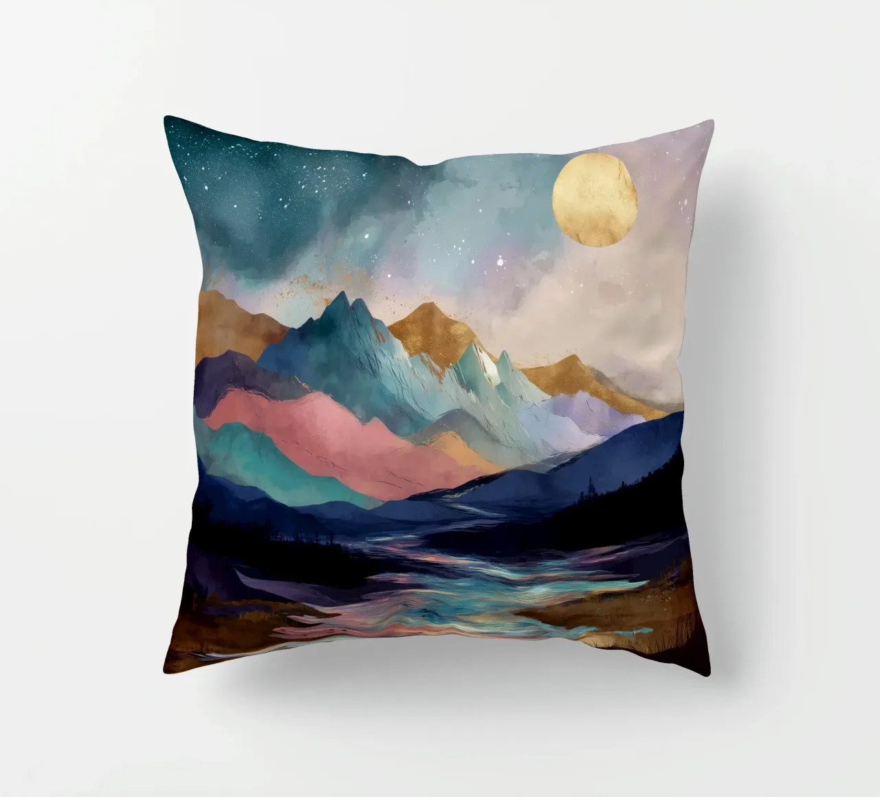 Surreal Mountain Landscape - Golden Moon and Colorful River cuscino da Dune