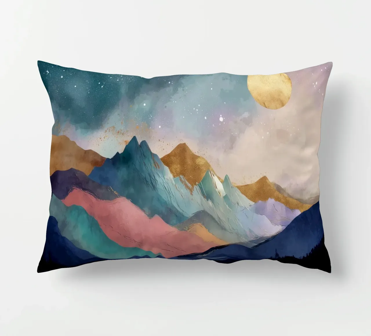 Surreal Mountain Landscape - Golden Moon and Colorful River cuscino da Dune
