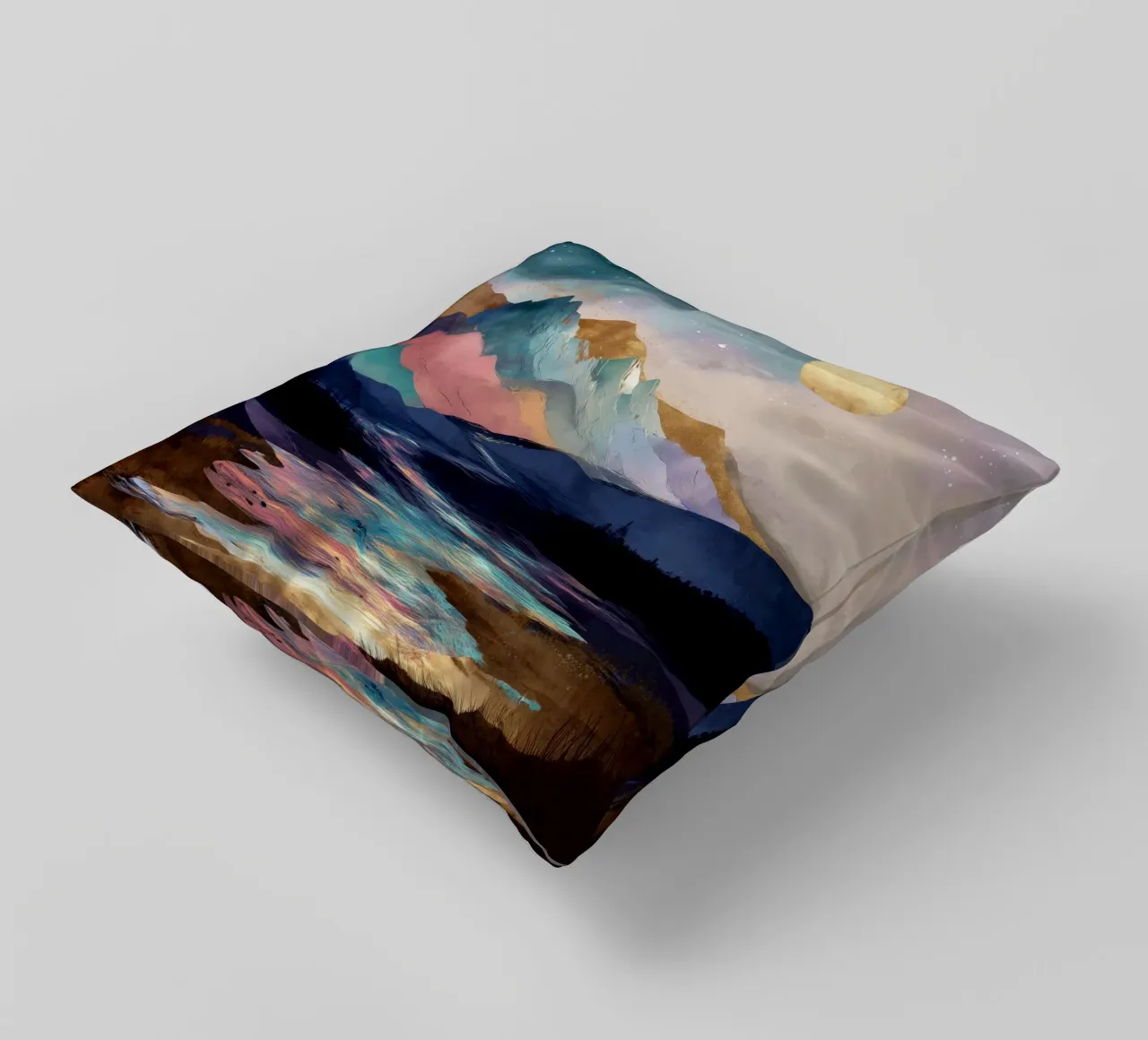 Surreal Mountain Landscape - Golden Moon and Colorful River cuscino da Dune