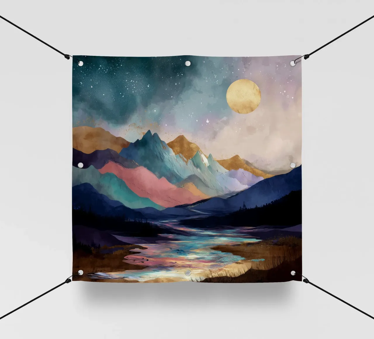 Surreal Mountain Landscape - Golden Moon and Colorful River telo in pvc da Dune