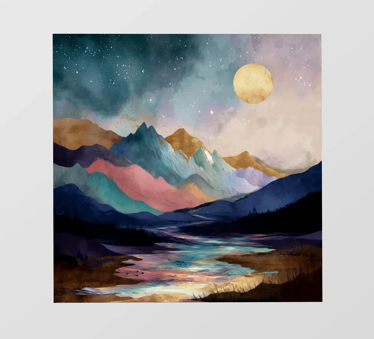Surreal Mountain Landscape - Golden Moon and Colorful River telo in pvc da Dune