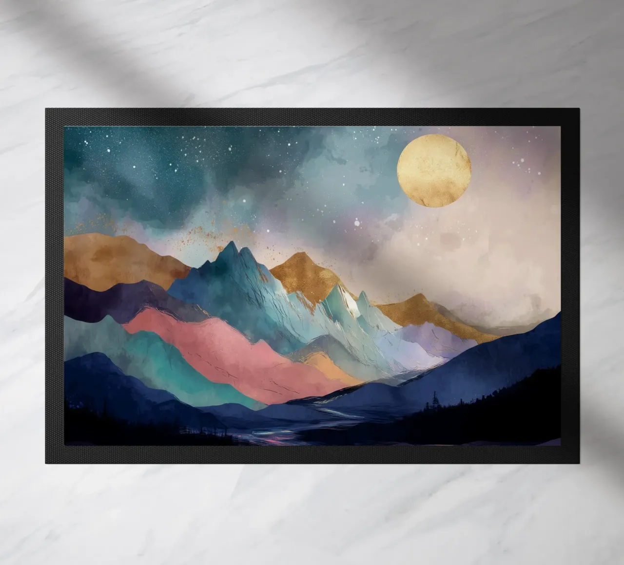 Surreal Mountain Landscape - Golden Moon and Colorful River zerbino da Dune