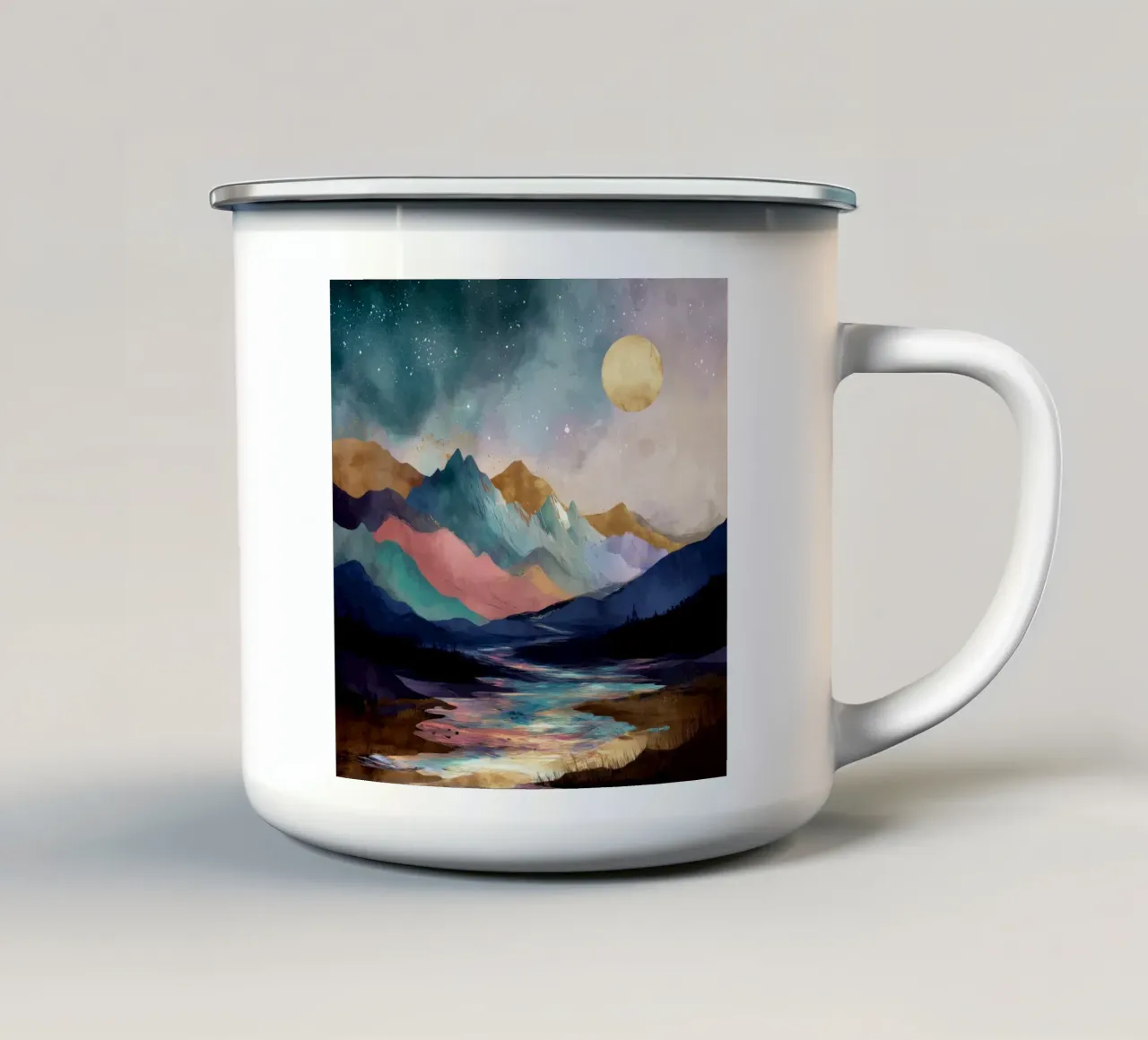 Surreal Mountain Landscape - Golden Moon and Colorful River tazza in smalto da Dune