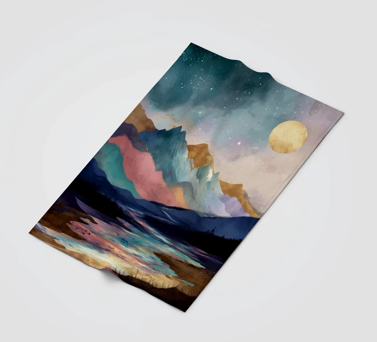 Surreal Mountain Landscape - Golden Moon and Colorful River coperta in pile da Dune