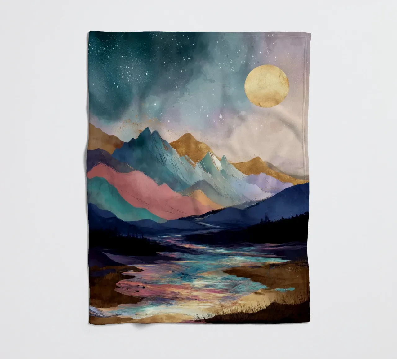 Surreal Mountain Landscape - Golden Moon and Colorful River coperta in pile da Dune