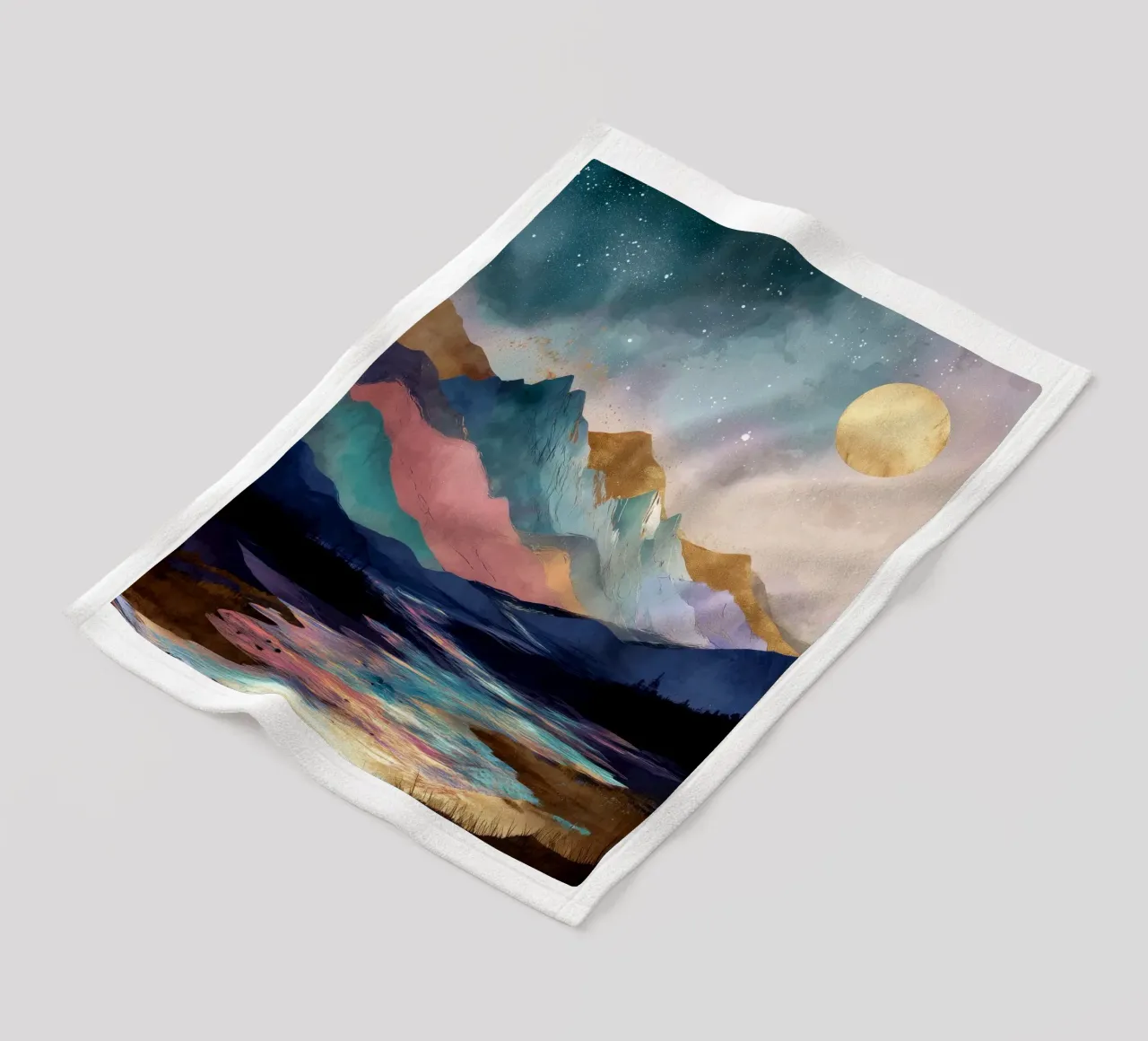Surreal Mountain Landscape - Golden Moon and Colorful River coperta in pile da Dune