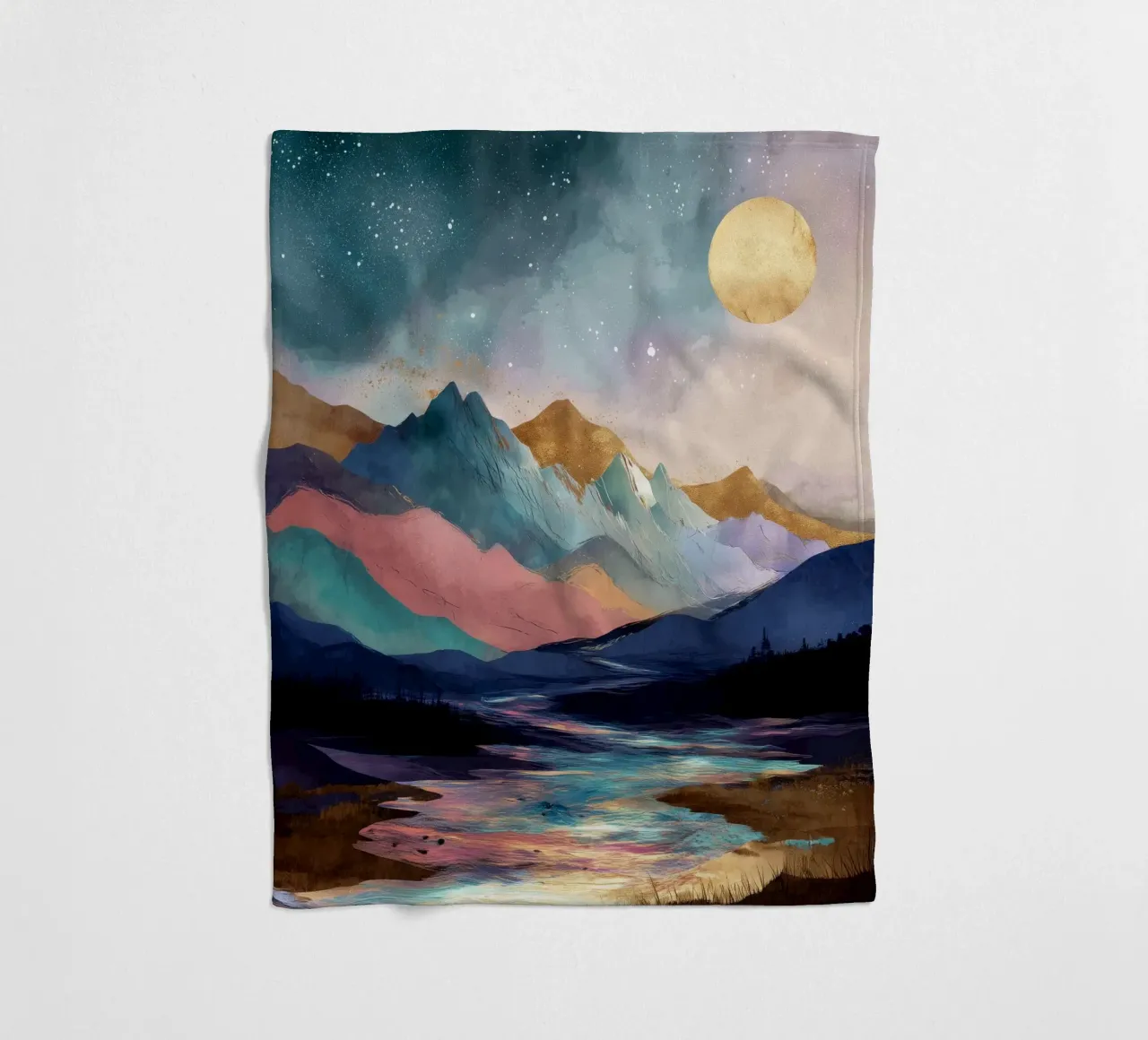 Surreal Mountain Landscape - Golden Moon and Colorful River coperta in pile da Dune