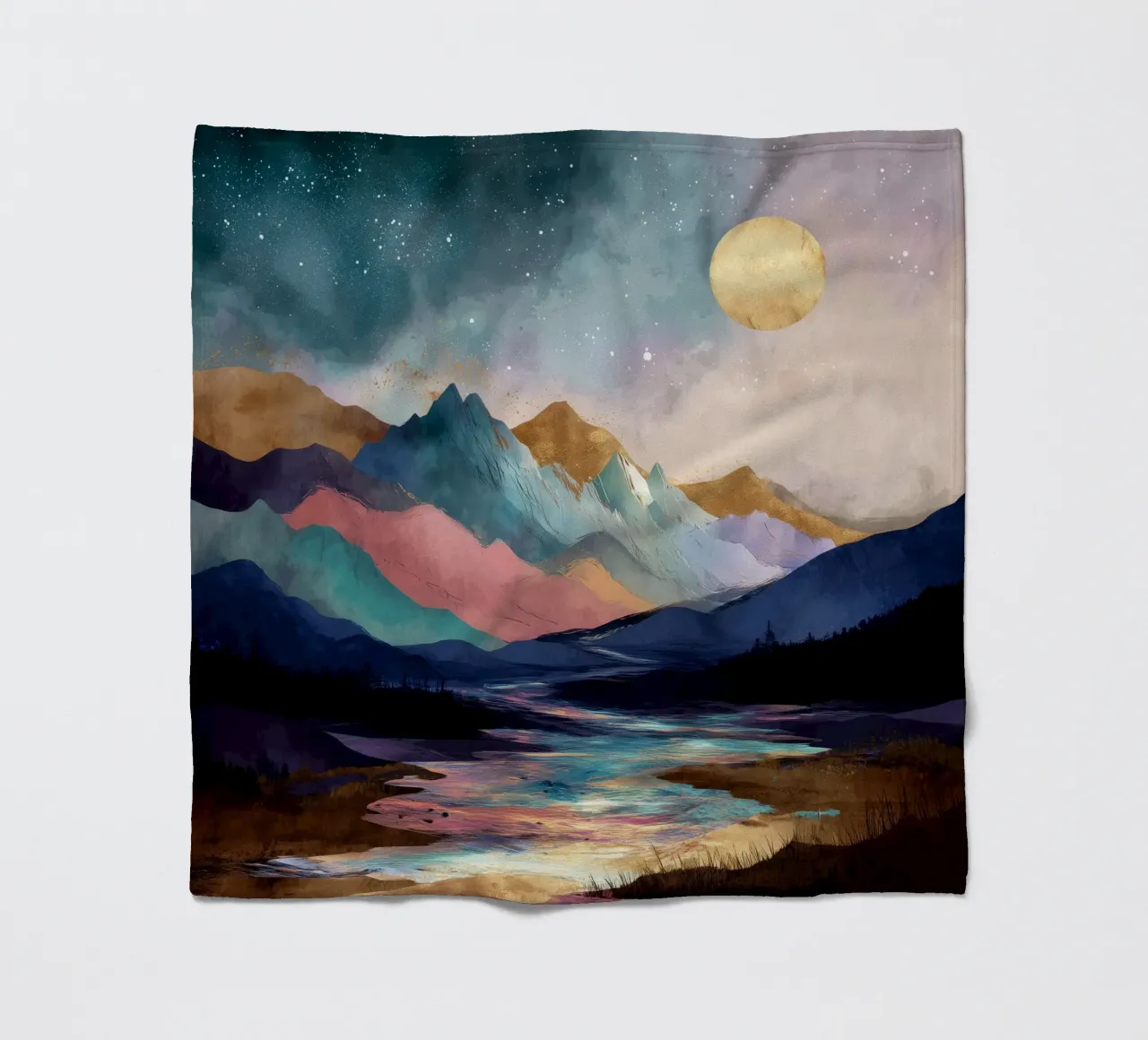 Surreal Mountain Landscape - Golden Moon and Colorful River coperta in pile da Dune