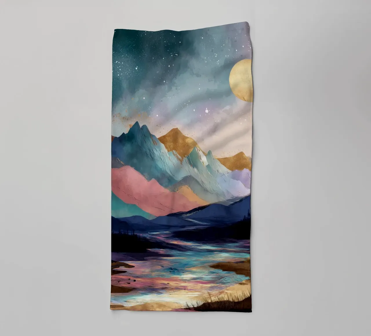 Surreal Mountain Landscape - Golden Moon and Colorful River asciugamano da bagno da Dune