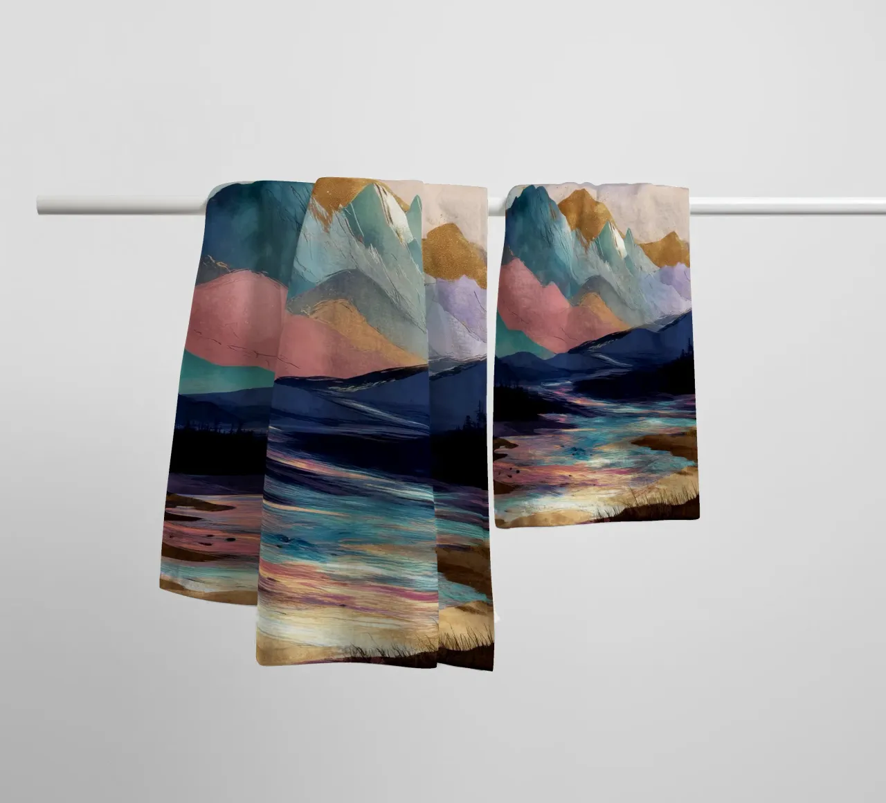 Surreal Mountain Landscape - Golden Moon and Colorful River asciugamano da bagno da Dune