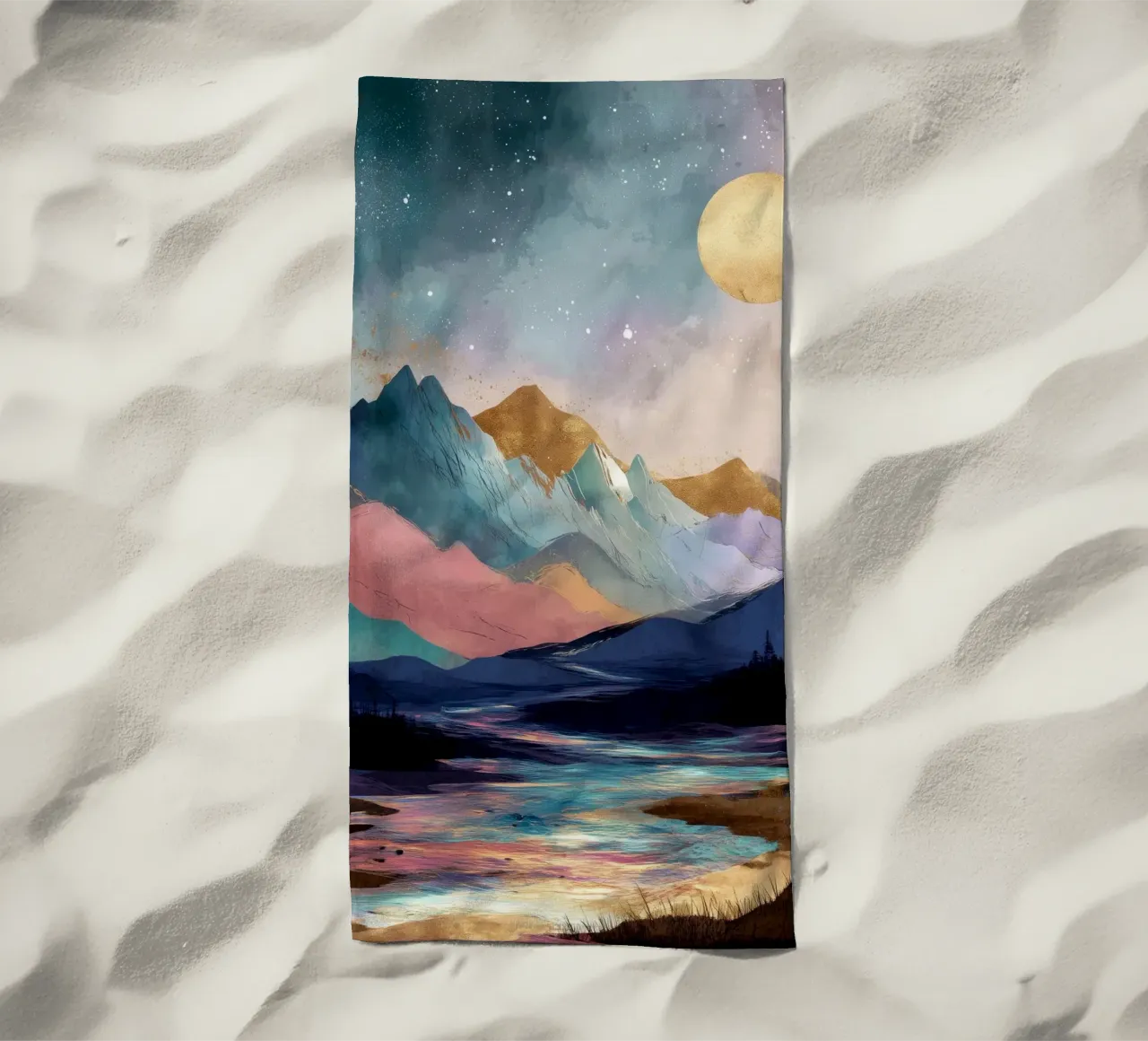 Surreal Mountain Landscape - Golden Moon and Colorful River telo mare da Dune