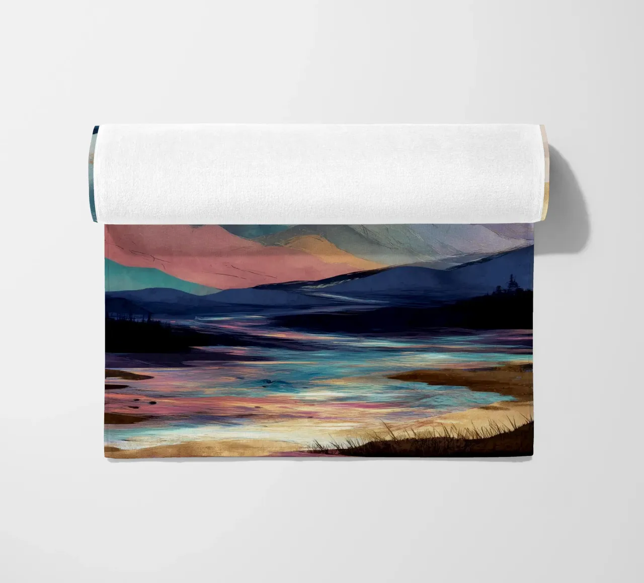 Surreal Mountain Landscape - Golden Moon and Colorful River telo mare da Dune