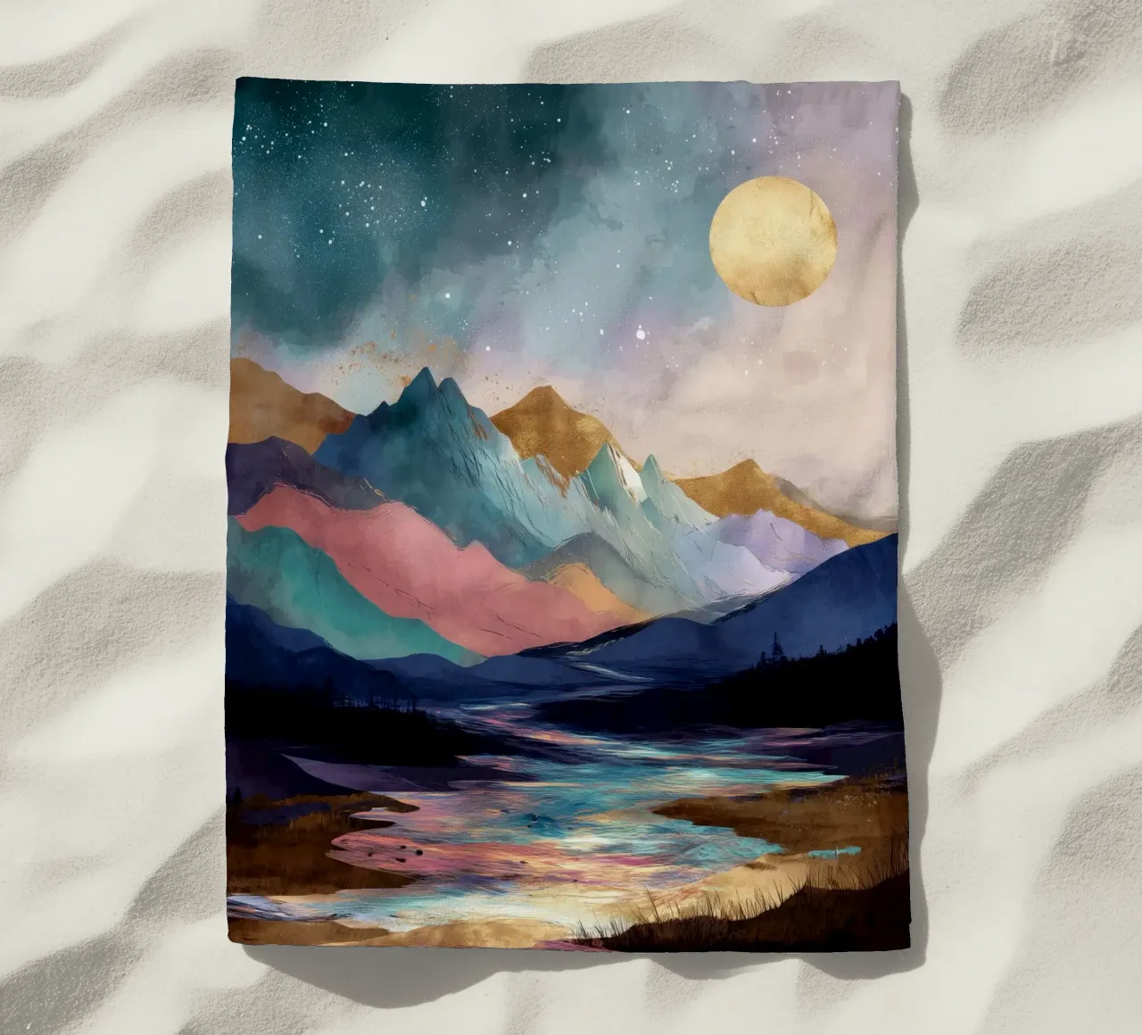 Surreal Mountain Landscape - Golden Moon and Colorful River telo mare da Dune