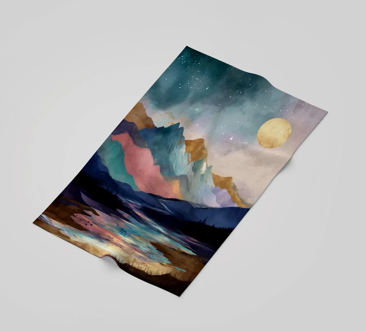 Surreal Mountain Landscape - Golden Moon and Colorful River telo mare da Dune