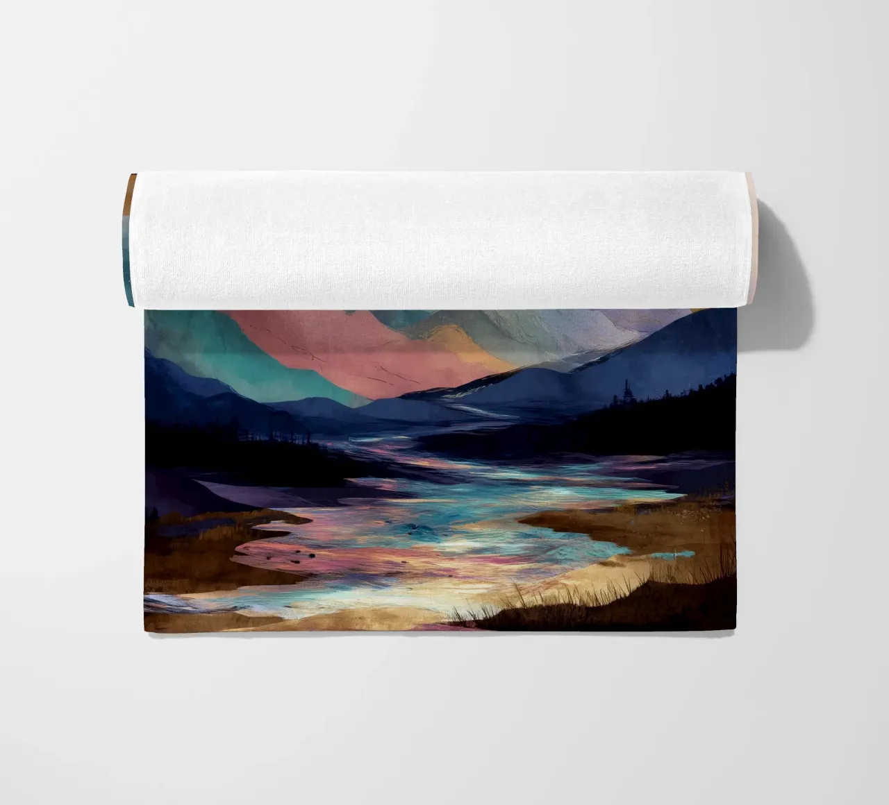 Surreal Mountain Landscape - Golden Moon and Colorful River telo mare da Dune