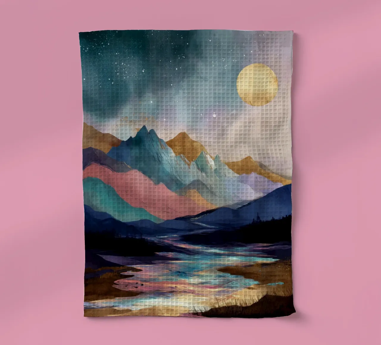Surreal Mountain Landscape - Golden Moon and Colorful River torchon de Dune