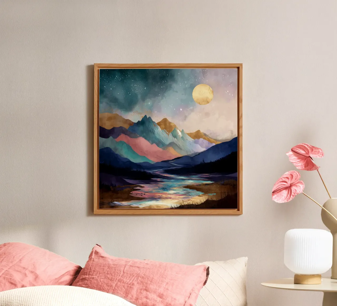 Surreal Mountain Landscape - Golden Moon and Colorful River pannello forex da Dune