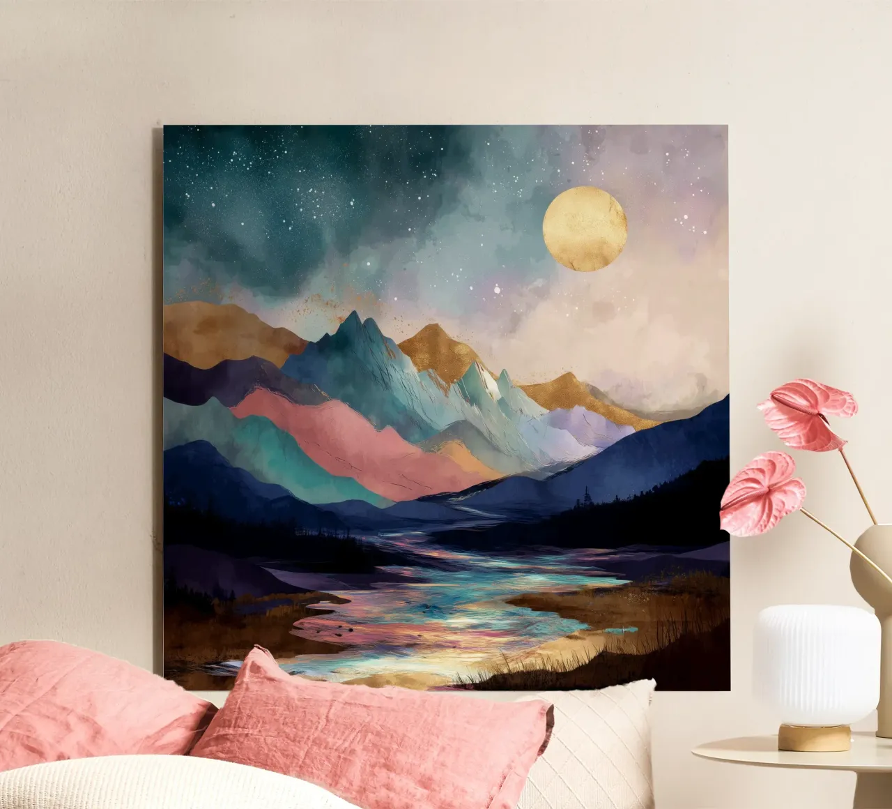 Surreal Mountain Landscape - Golden Moon and Colorful River pannello forex da Dune