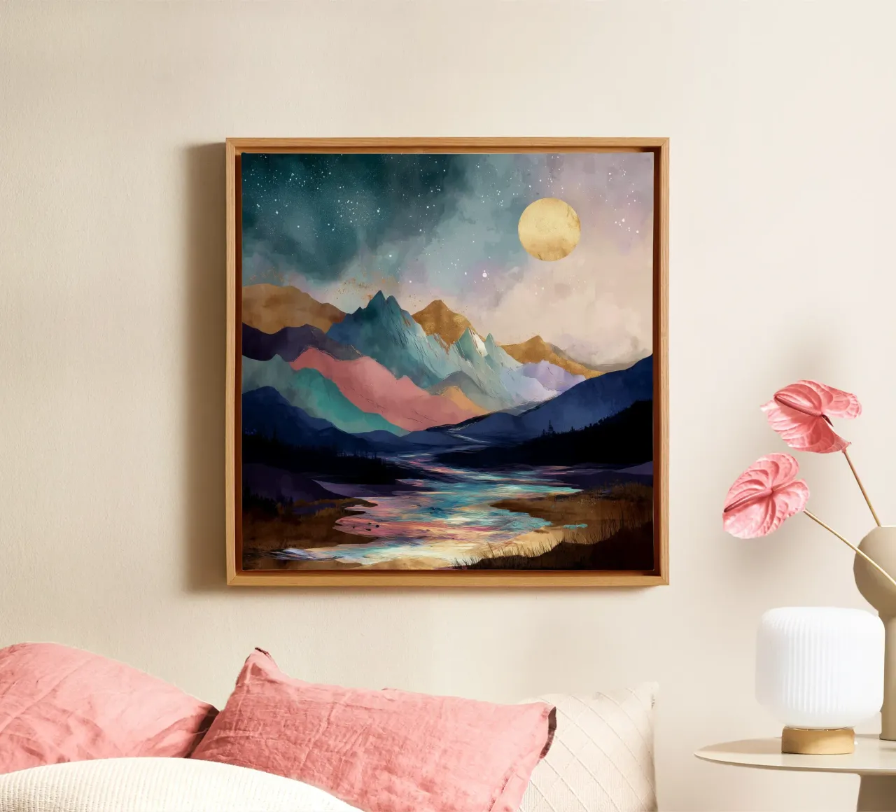Surreal Mountain Landscape - Golden Moon and Colorful River tela con Cornice a cassetta da Dune