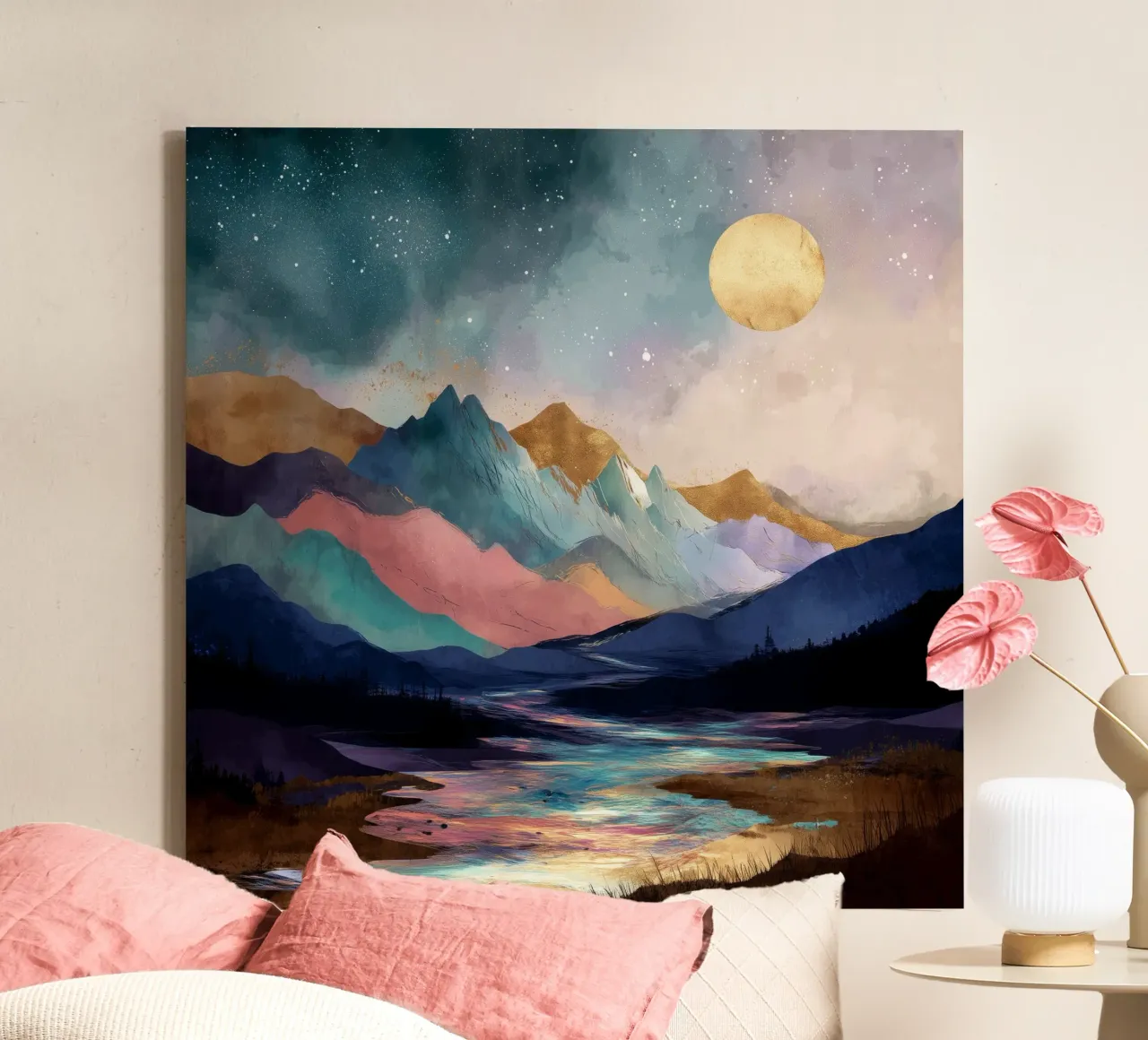 Surreal Mountain Landscape - Golden Moon and Colorful River tela con Cornice a cassetta da Dune
