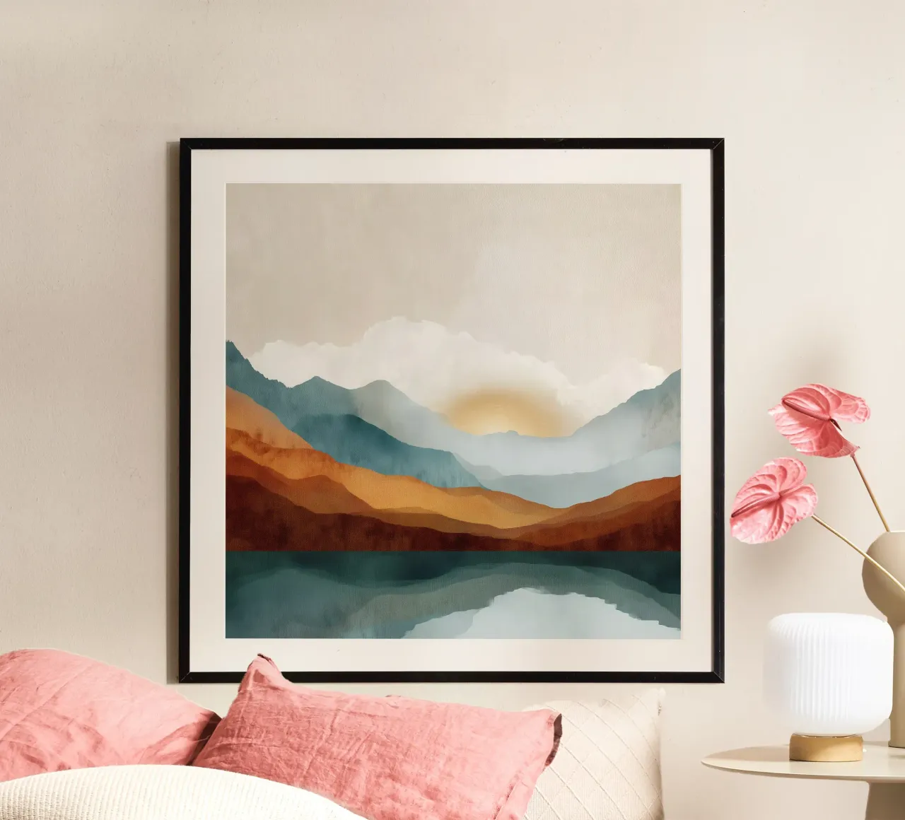 Whispers of Dawn - A Lake Among the Peaks poster con telaio in alluminio da Dune
