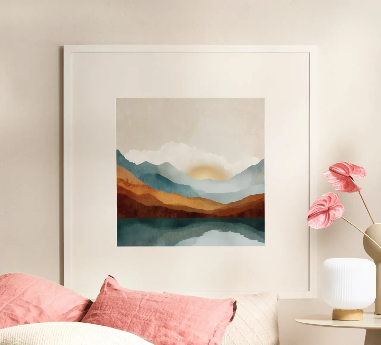 Whispers of Dawn - A Lake Among the Peaks poster con telaio in alluminio da Dune