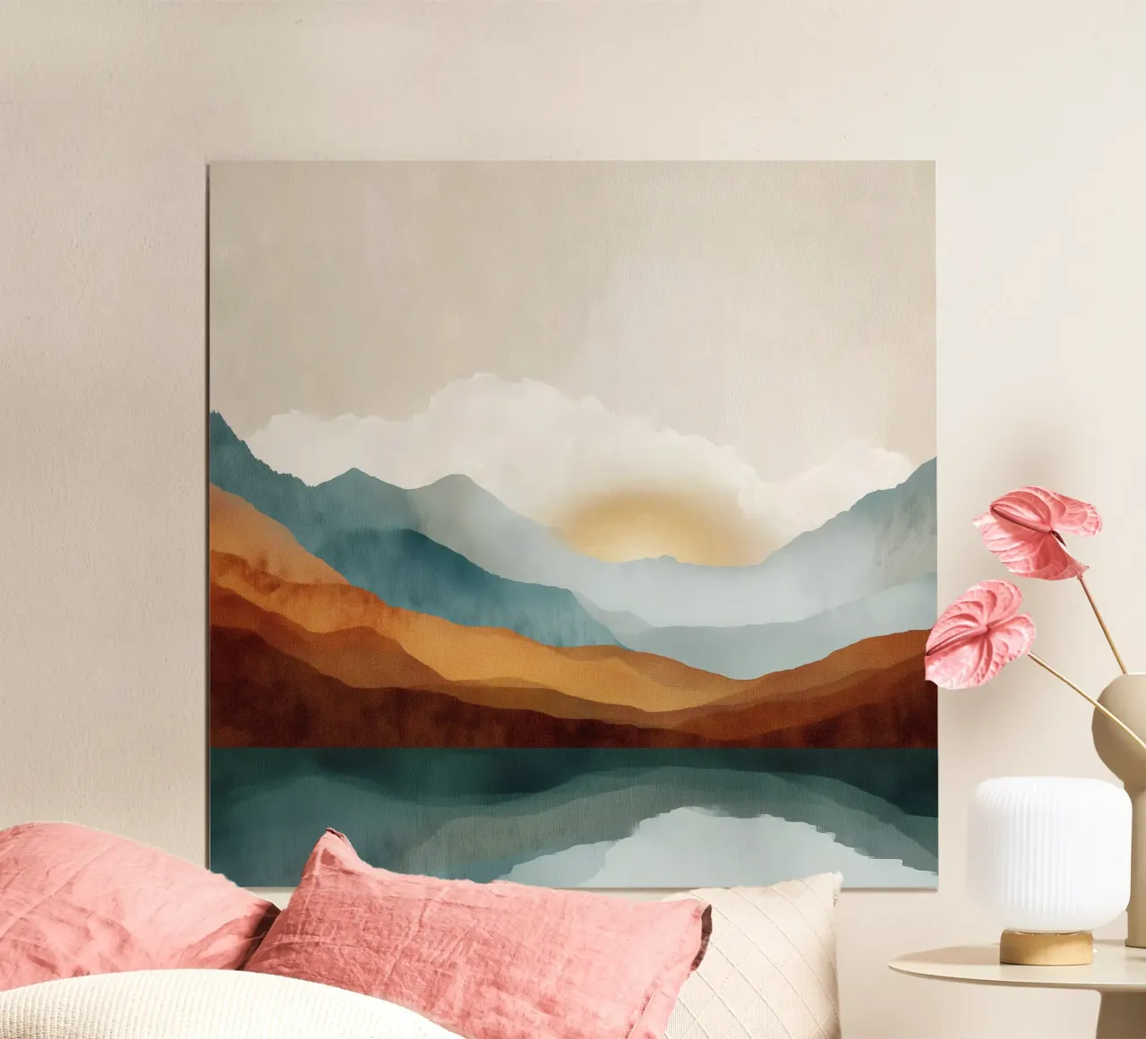 Whispers of Dawn - A Lake Among the Peaks poster con telaio in alluminio da Dune