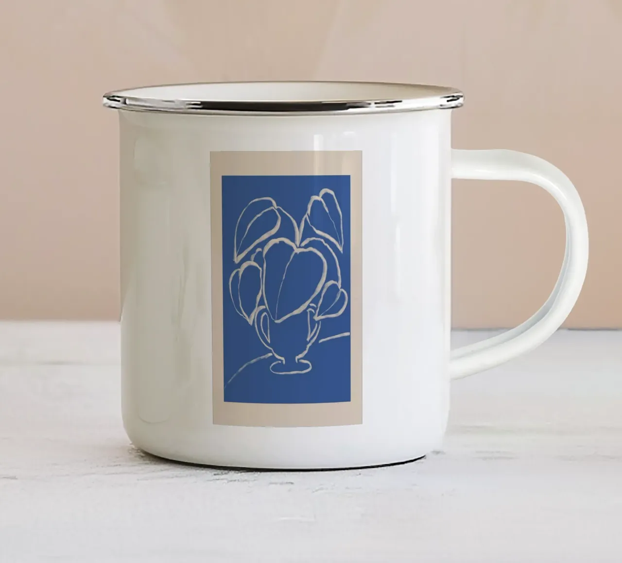 Pianta astratta in vaso blu e beige tazza in smalto da Melloi Art Print