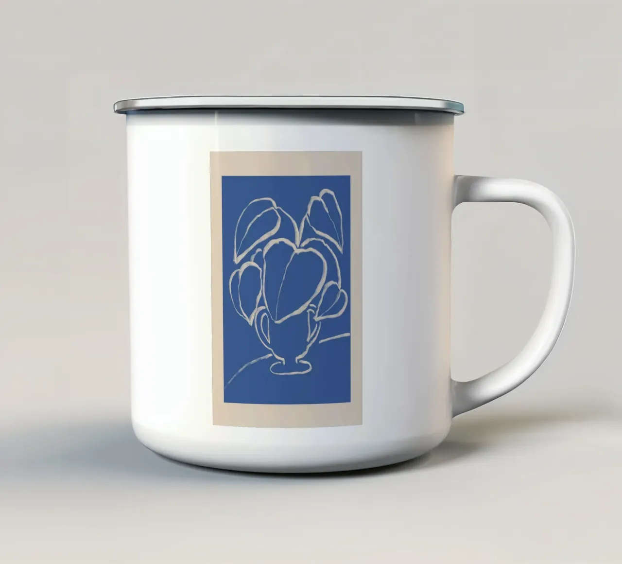 Pianta astratta in vaso blu e beige tazza in smalto da Melloi Art Print