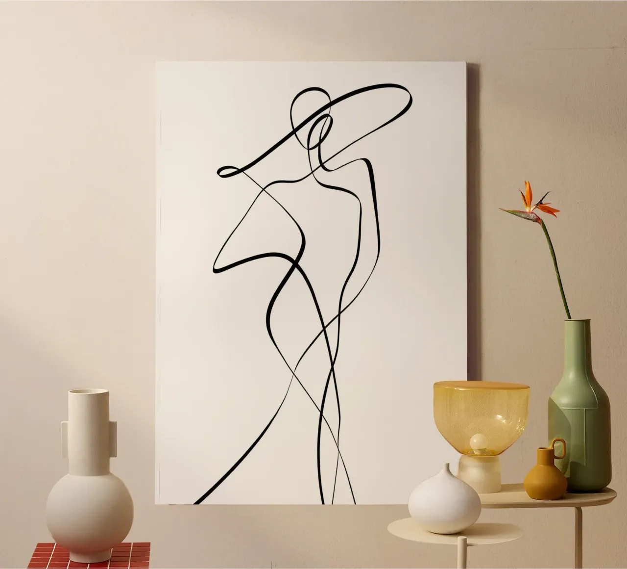 A minimalist line drawing of a woman tela con Cornice a cassetta da Type & Tape