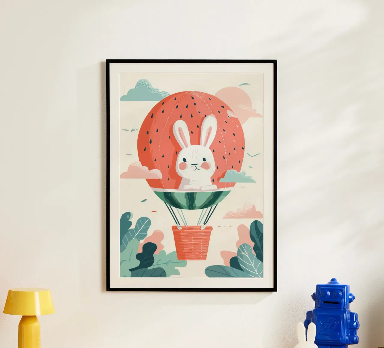 Bunny Balloon Adventure poster con telaio in alluminio da Kiara