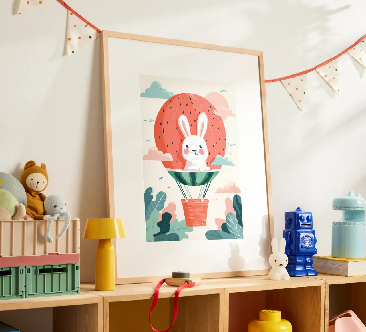 Bunny Balloon Adventure poster con telaio in alluminio da Kiara