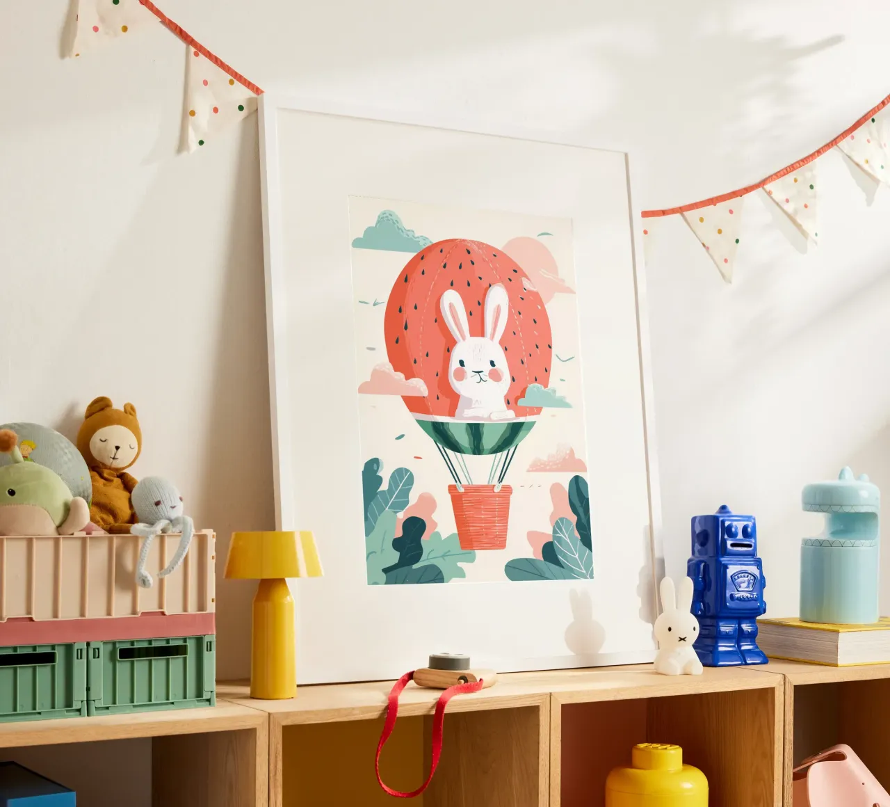 Bunny Balloon Adventure poster con telaio in alluminio da Kiara