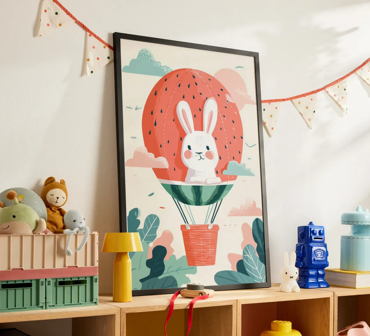 Bunny Balloon Adventure poster con telaio in alluminio da Kiara
