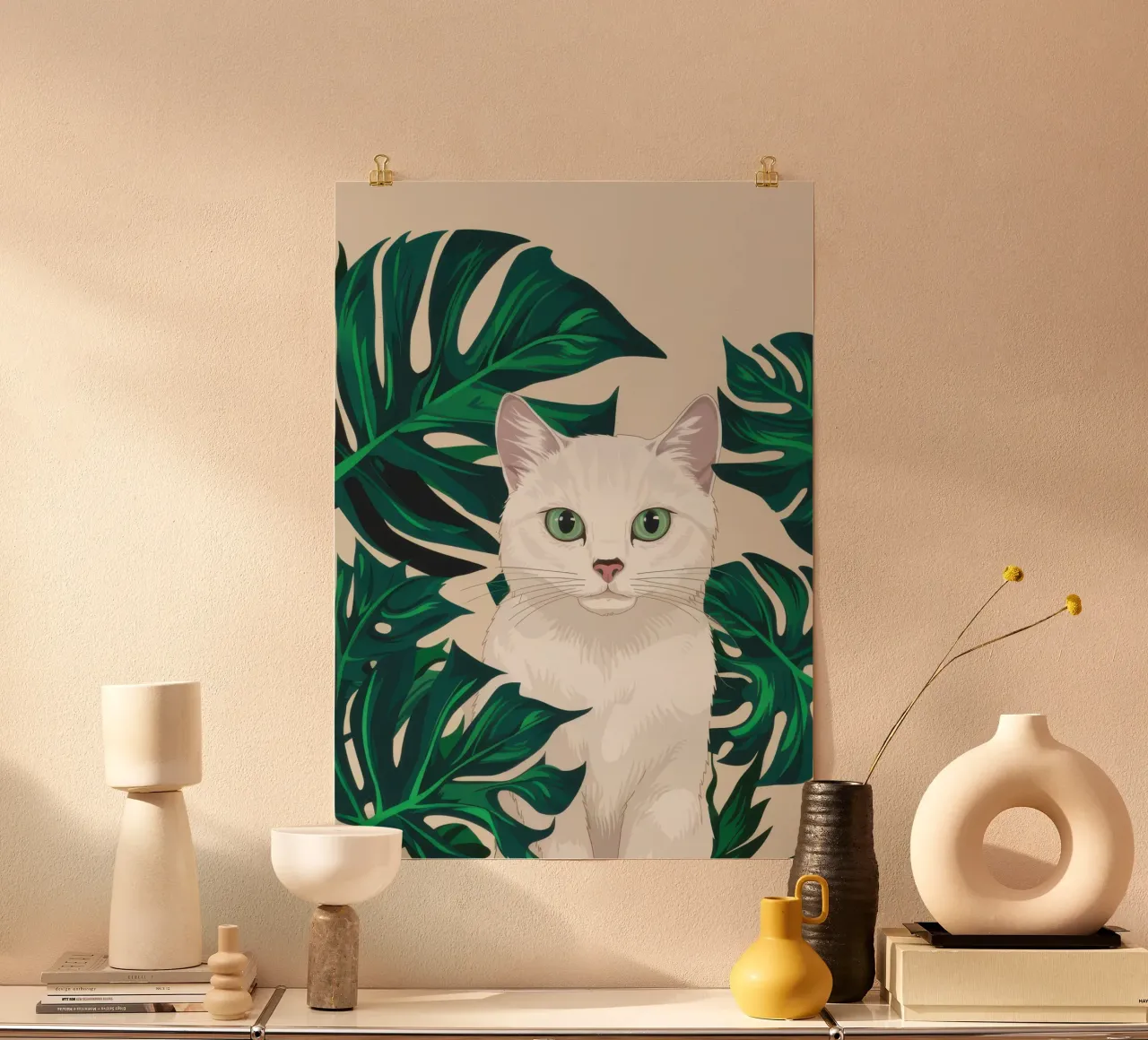 Gatto bianco Foglie verdi poster con telaio in legno da Irish Strokes