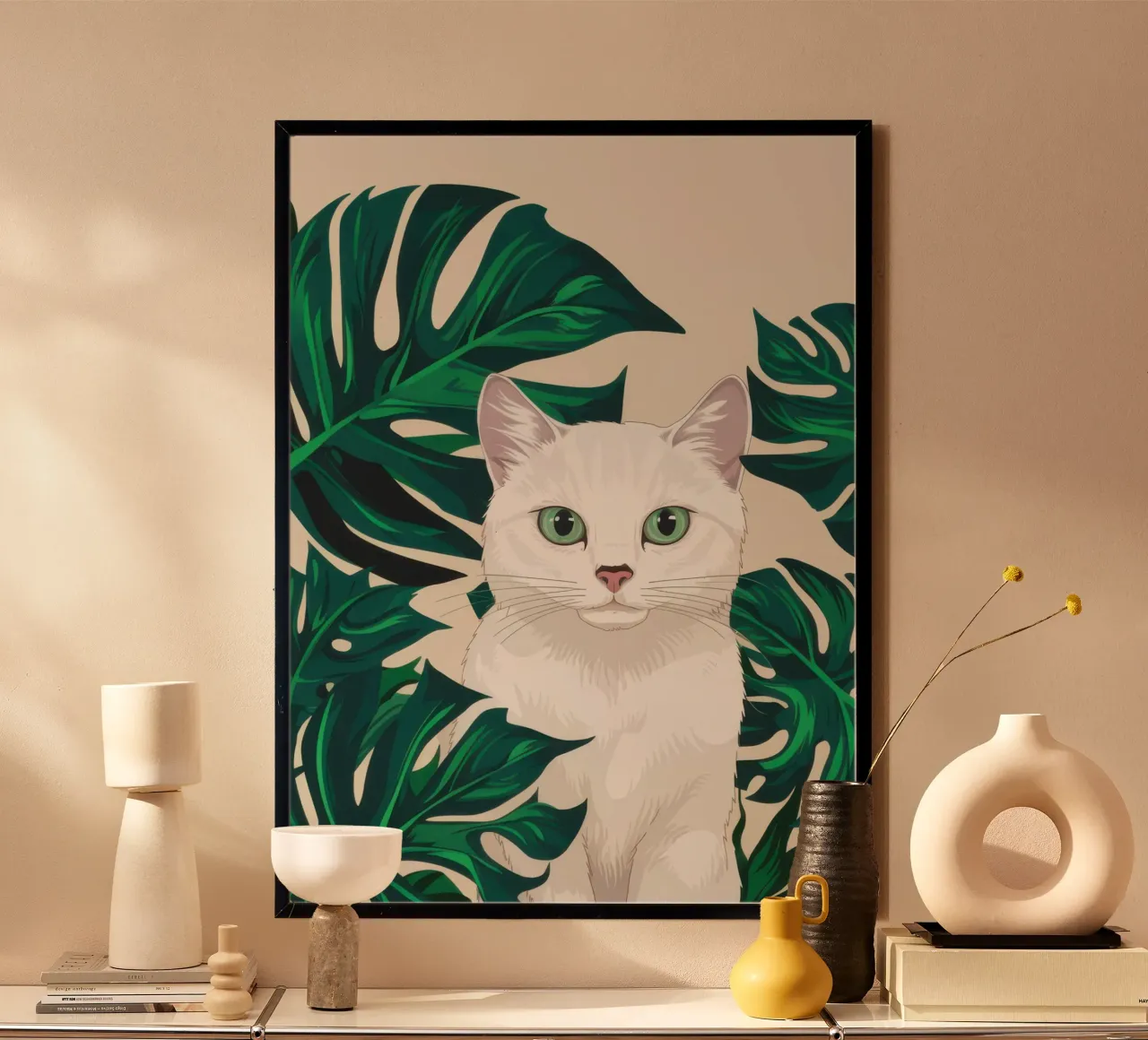 Gatto bianco Foglie verdi poster con telaio in legno da Irish Strokes