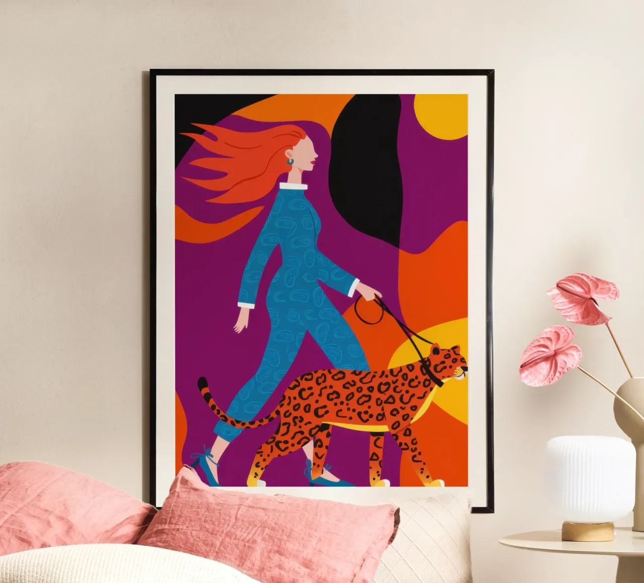 Donna che cammina con il leopardo poster da Irish Strokes